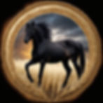 Black horse in wheat field, stormy sky and sunset behind, bordered by a golden ring of wheat.