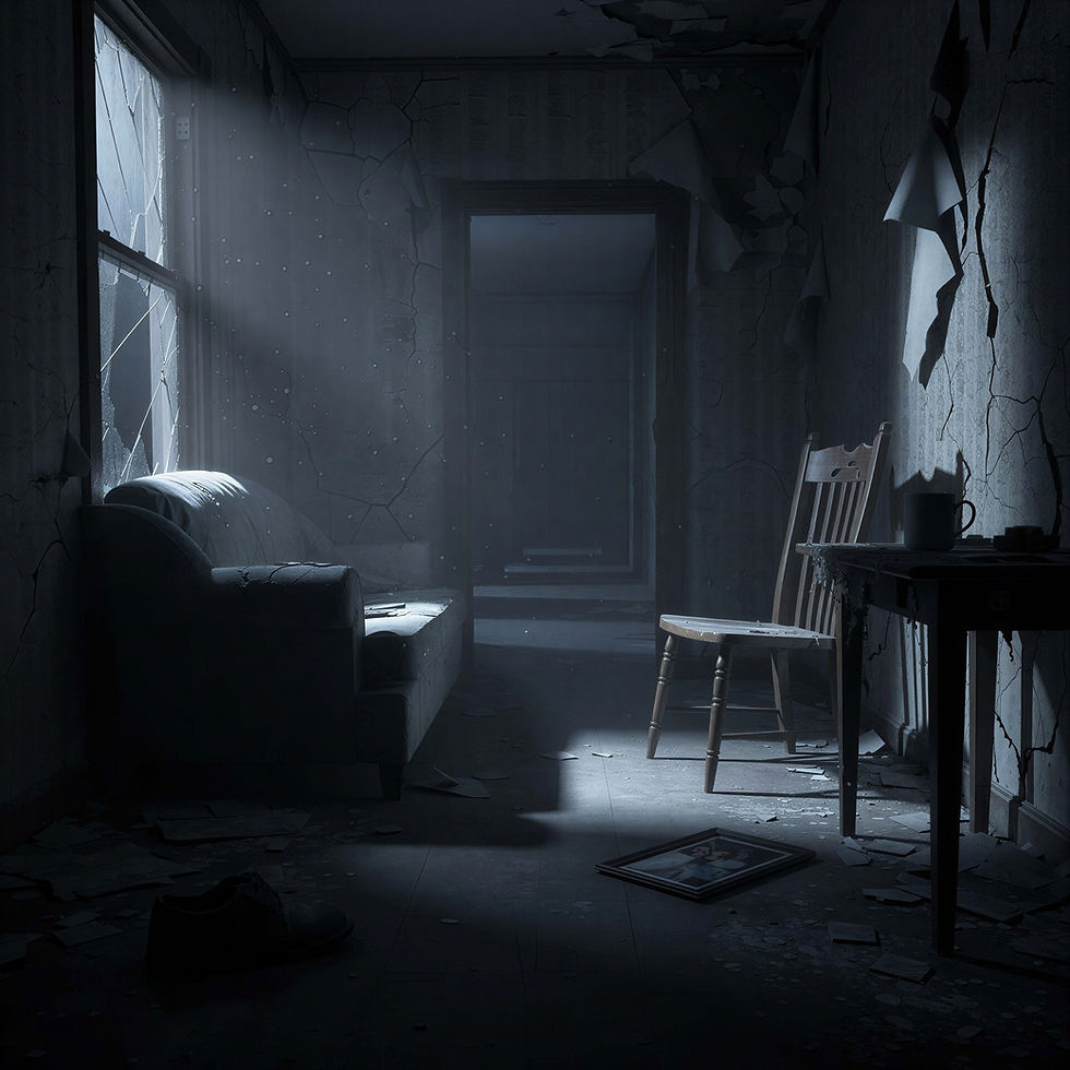 Abandoned, sunlit room with cracked walls, broken window, couch, chair, and table; dust and debris create a bleak mood.