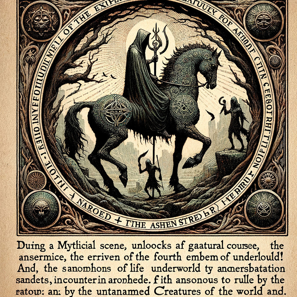 Ominous rider on a horse covered in symbols
