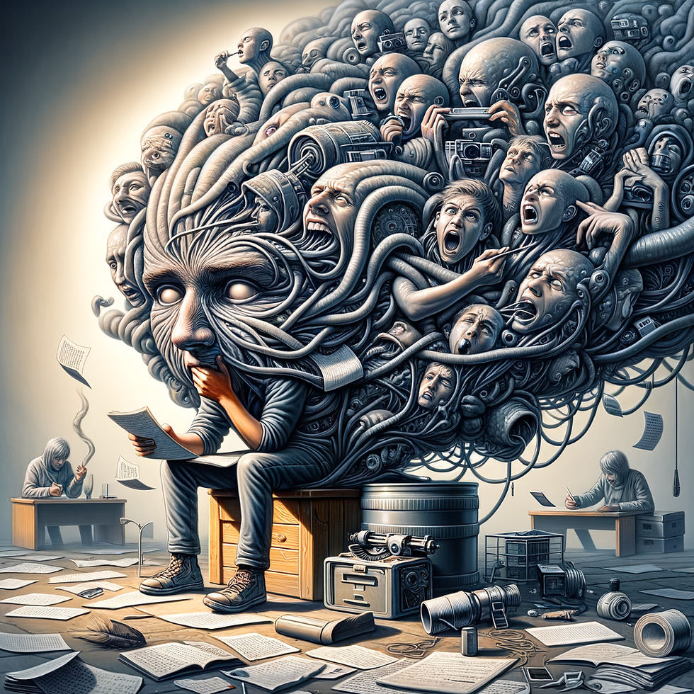 Surreal scene of a man with a head of screaming faces and mechanical parts. Papers and cameras surround him, suggesting chaos and creativity.