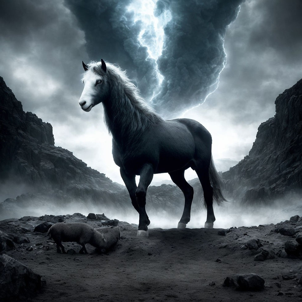 Black horse in crater with storms for wings
