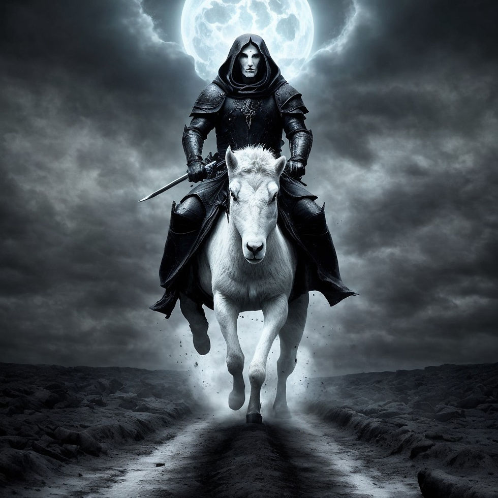 White horse with black rider running in desolate land, behind is the moon exposed in a gap in the overcast clouds
