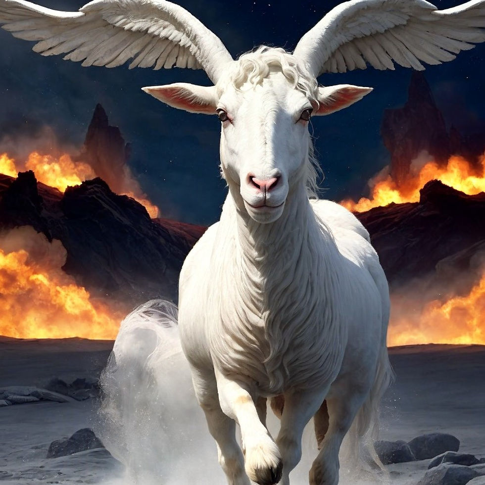Goat with wings on its head, fiery mountains behind, snow underfoot