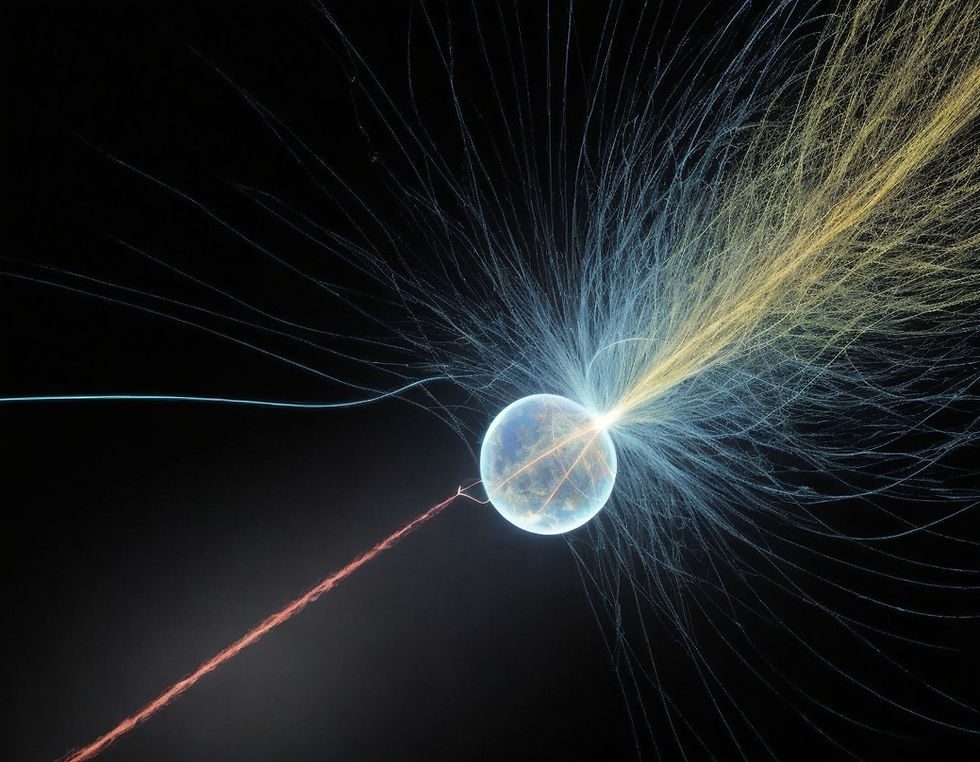 A glowing sphere emits colorful lines, creating a dynamic pattern on a dark background. Red, yellow, and blue lines radiate energetically.