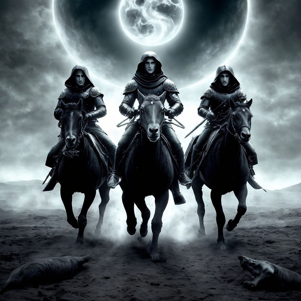 Three dark riders on three black horses, behind is a moon in front of a larger moon