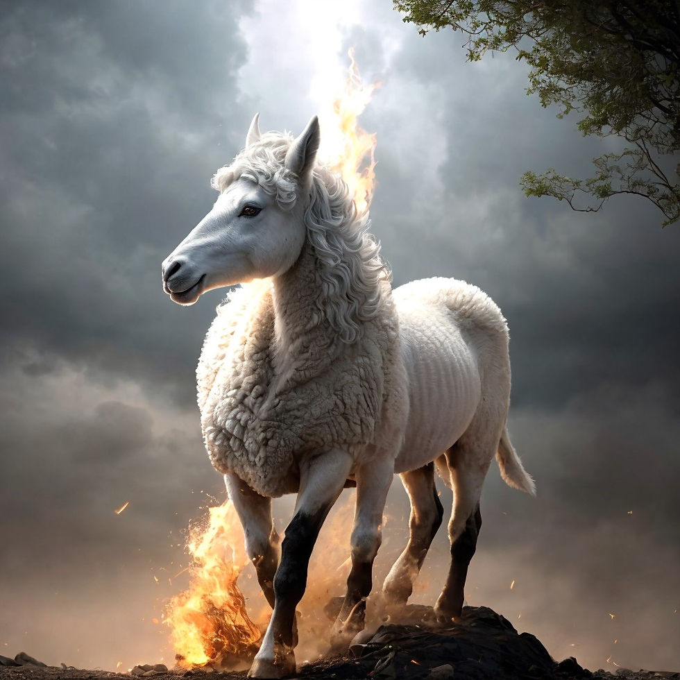 White horse with lamb's wool, surrounded by flames