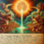 Angels having a trumpet battle with crowds on each side. Sun in middle pouring energy down into the river between them.