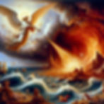 Angel with trumpet, ships, sea, fire