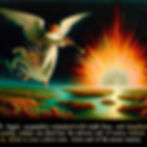 Angel playing trumpet, sun rising from the horizon