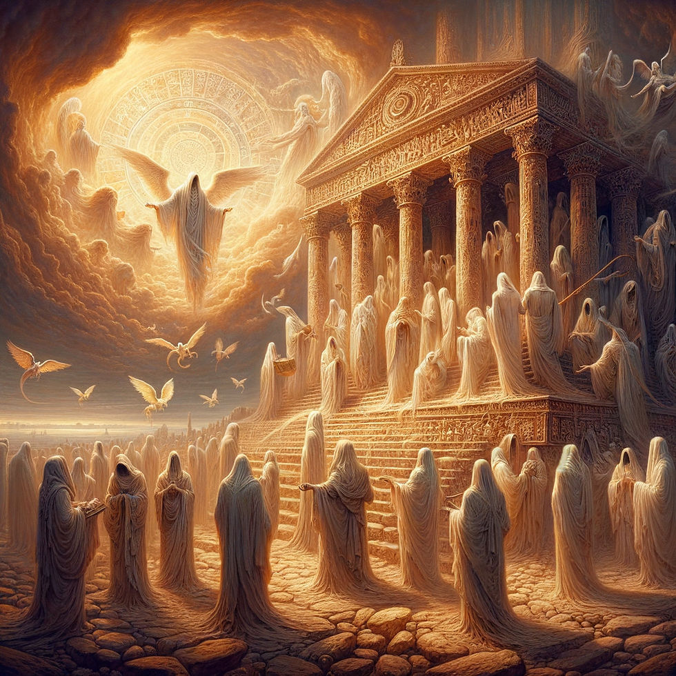Angel appearing to comfort deceased saints at a Parthenon like building.