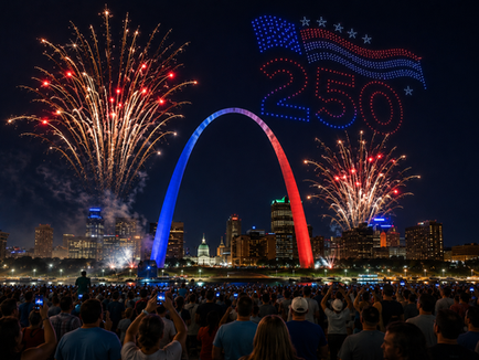 St. Louis celebrará el 250 aniversario de Estados Unidos con una amplia programación de eventos entre finales de junio y principios de julio. El Gateway Arch será el epicentro de las festividades con conciertos, espectáculos de drones y fuegos artificiales. Además, ciudades como St. Charles, O'Fallon, Chesterfield, Kirkwood y Webster Groves organizarán desfiles, festivales y actividades familiares para conmemorar esta histórica fecha.