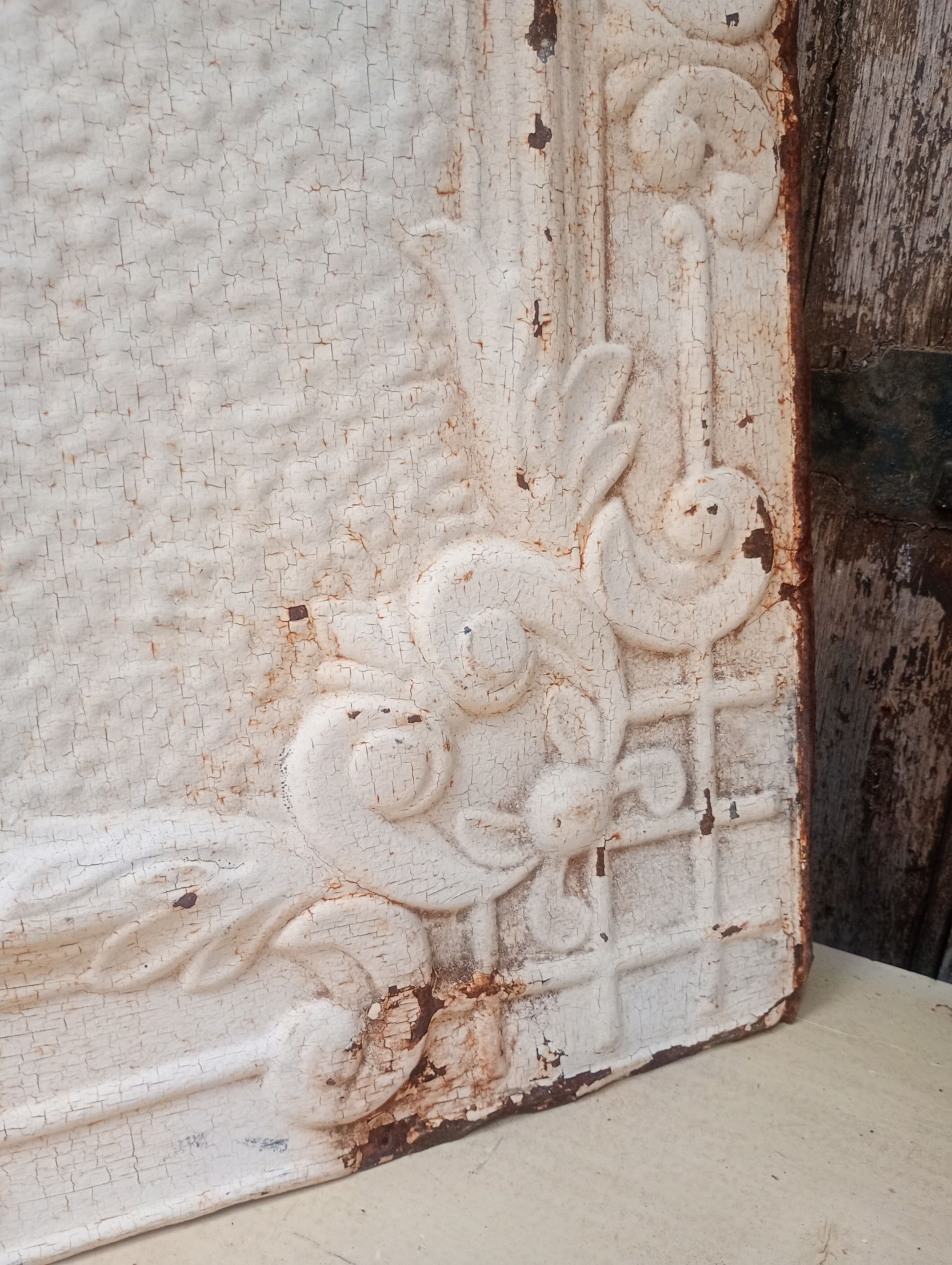 Victorian pressed metal wall feature tin panel, chippy old paint.
