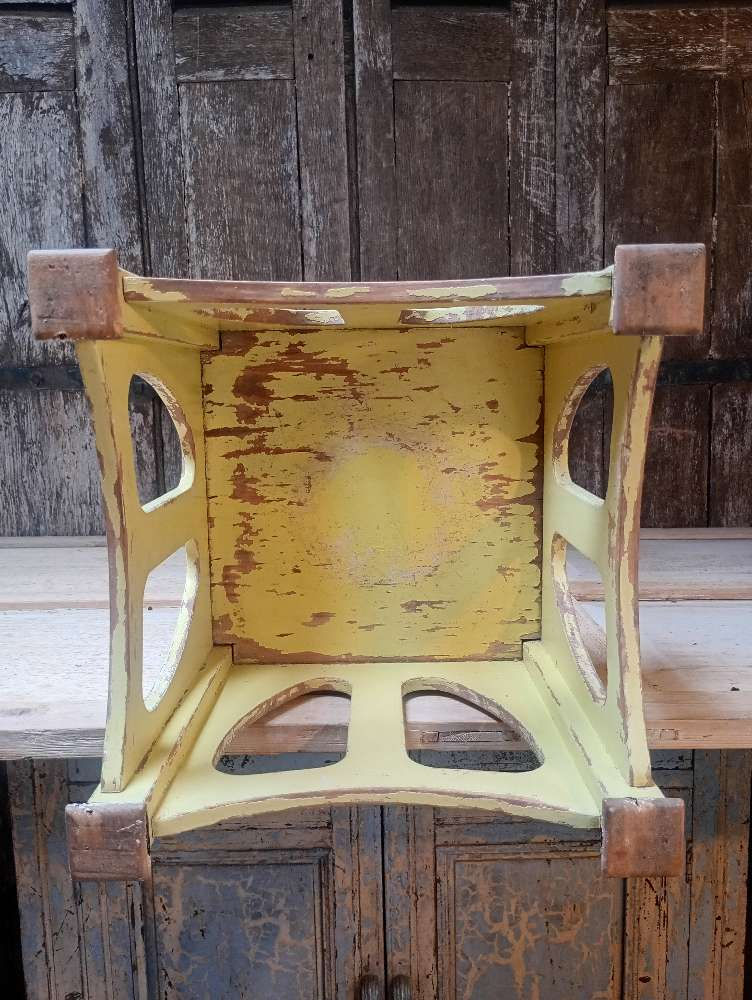 Thumbnail:  Antique tall timber plant stand, planter. Yellow chippy paint..