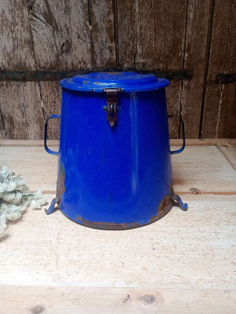 Large cobalt blue Antique French enamel potato bin.