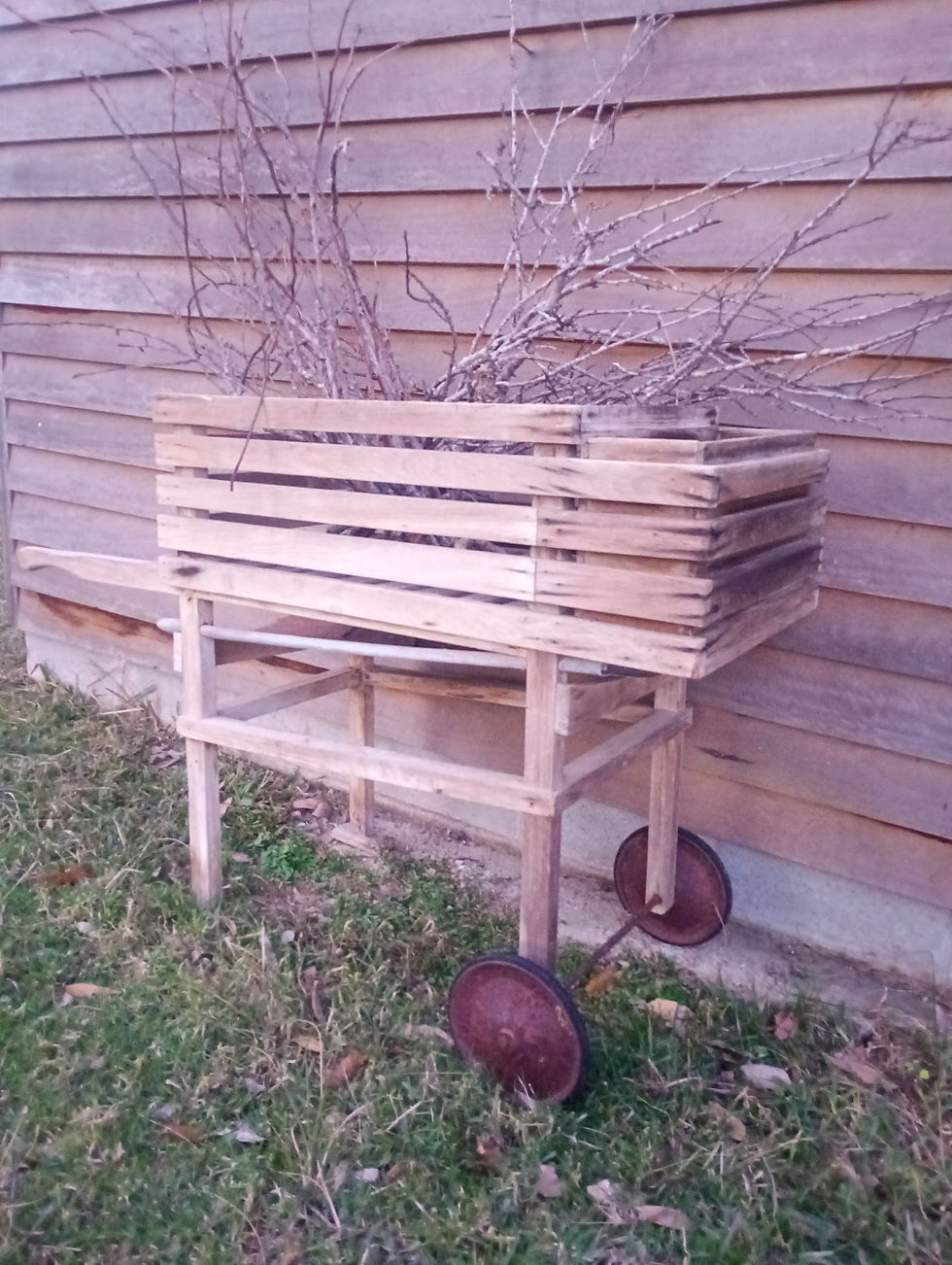 Thumbnail: Antique scrubbed pine flower cart trolley with original metal wheels 