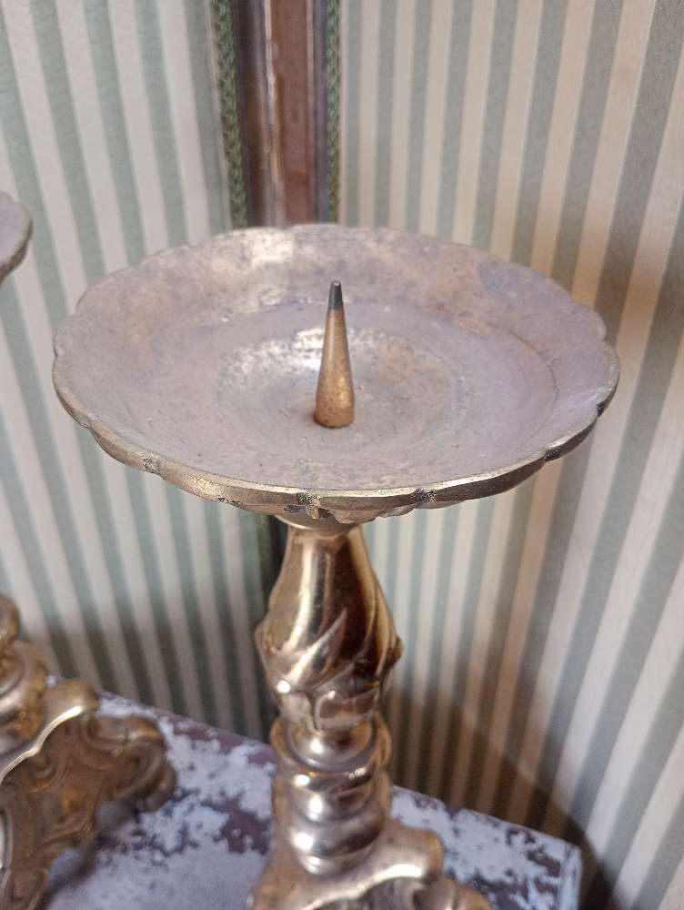 Thumbnail: Pair of French solid brass Antique heavy large candle sticks, holders. Ornate. 