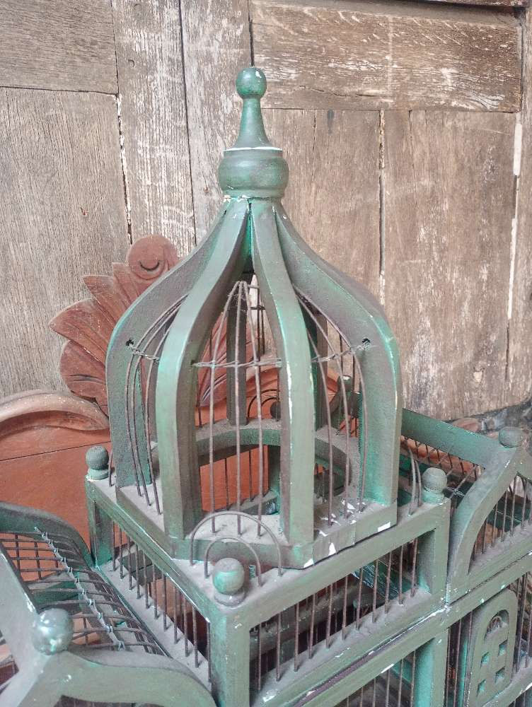 Thumbnail: Antique cathedral shaped timber, wood and wire bird cage. European. Old.