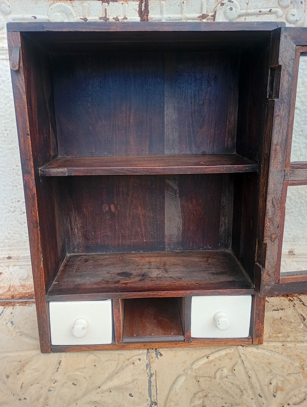 Thumbnail: Vintage spice cabinet with 2 ceramic drawers and glass panelled door. 