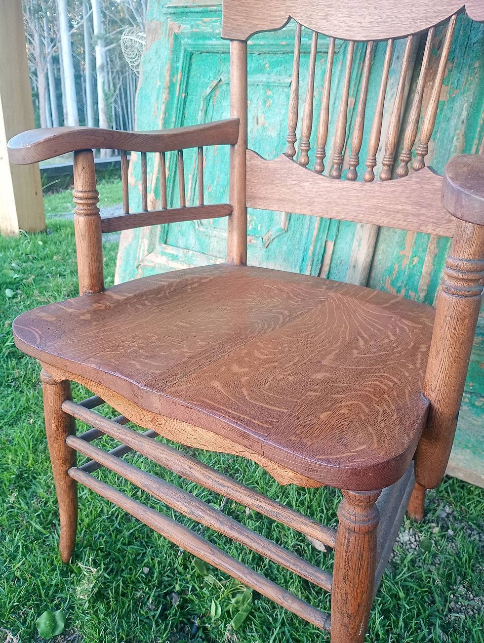 Thumbnail: Spindle back, carved, English Oak, Edwardian, Reading or Sewing arm chair. 