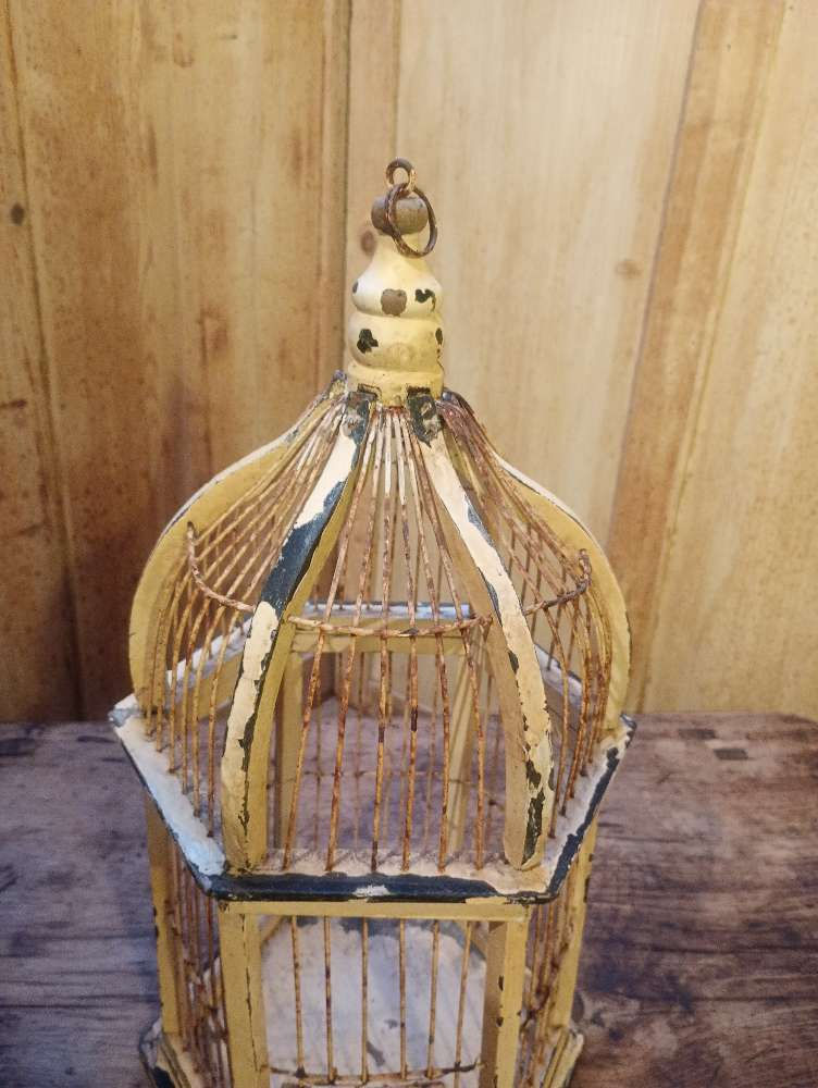 Thumbnail: Vintage wood and wire chippy paint 6 sided timber and paint bird cage