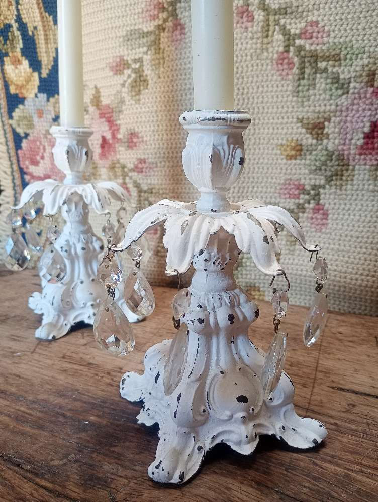 Thumbnail: Pair of French Style Antique shabby candle holders with crystals. 