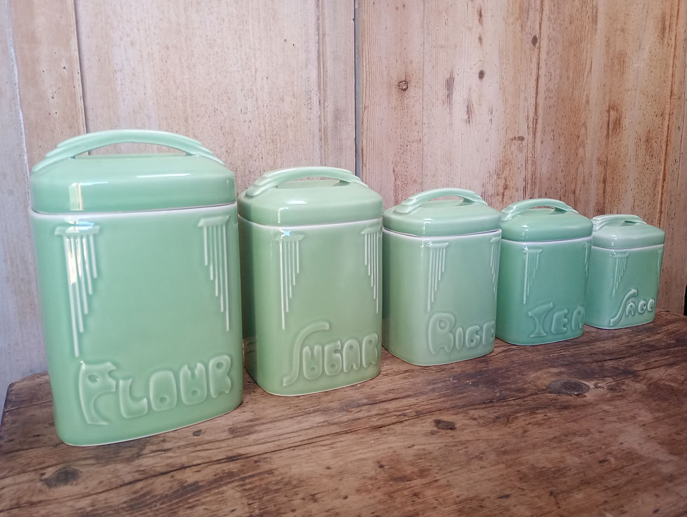 Thumbnail: Art deco style, green ceramic, Vintage kitchen canisters. Complete set. 