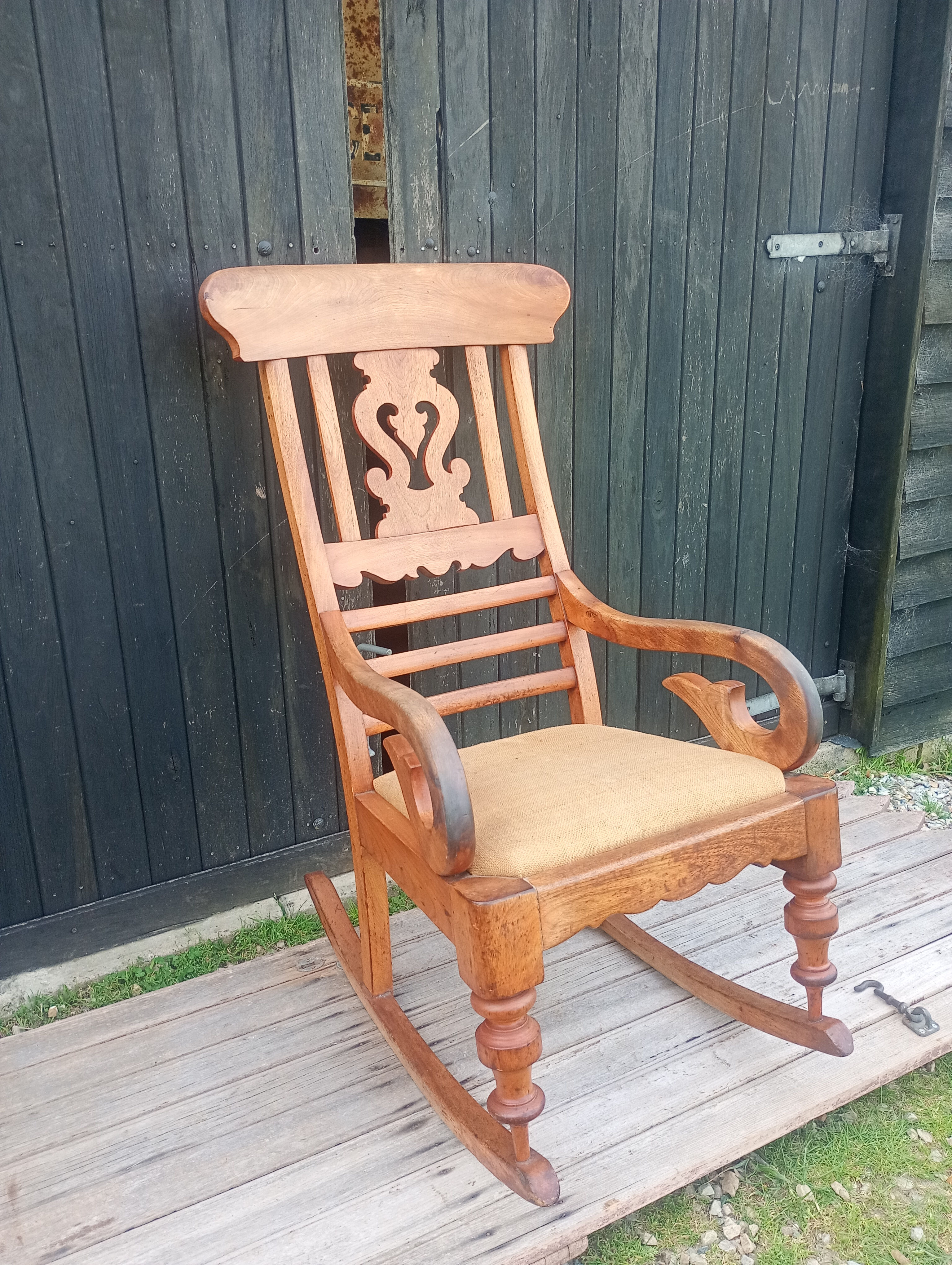 Victorian Elm country Farmhouse rocking chair, Antique, with hessian seat.