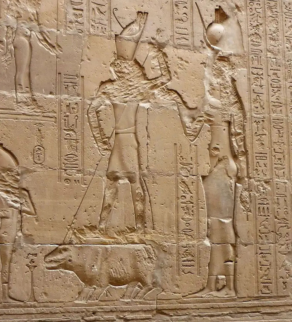 Heru harpooning the hippopotamus, Temple of Edfu, performed there every year as sacred drama.