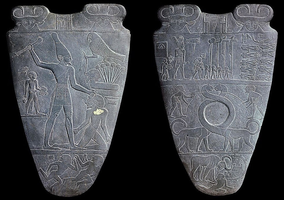Narmer Palette: The falcon of Heru above the first unified king of Kemet, c. 3100 BCE , is one of the oldest images of 'the hero' in the world.