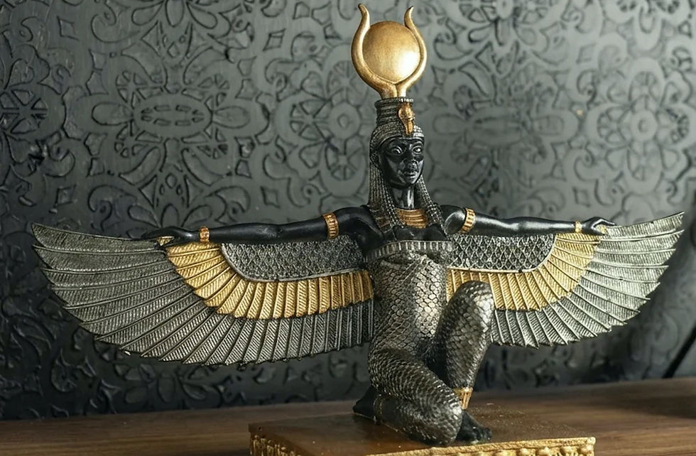 Aset with outspread wings. Caption: The divine kite. Aset's wings, carved on coffins and tomb walls, are the form she took to cross Kemet and gather the fourteen pieces.