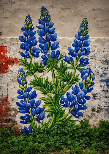 Bluebonnets painted on a decaying brick wall with exosed plaster. Weeds grow at the bottom of the wall into the base of the bluebonnet.