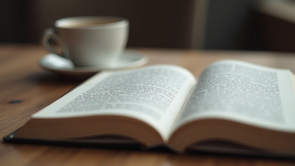 Close-up view of an open ebook on a tablet with a cup of coffee nearby