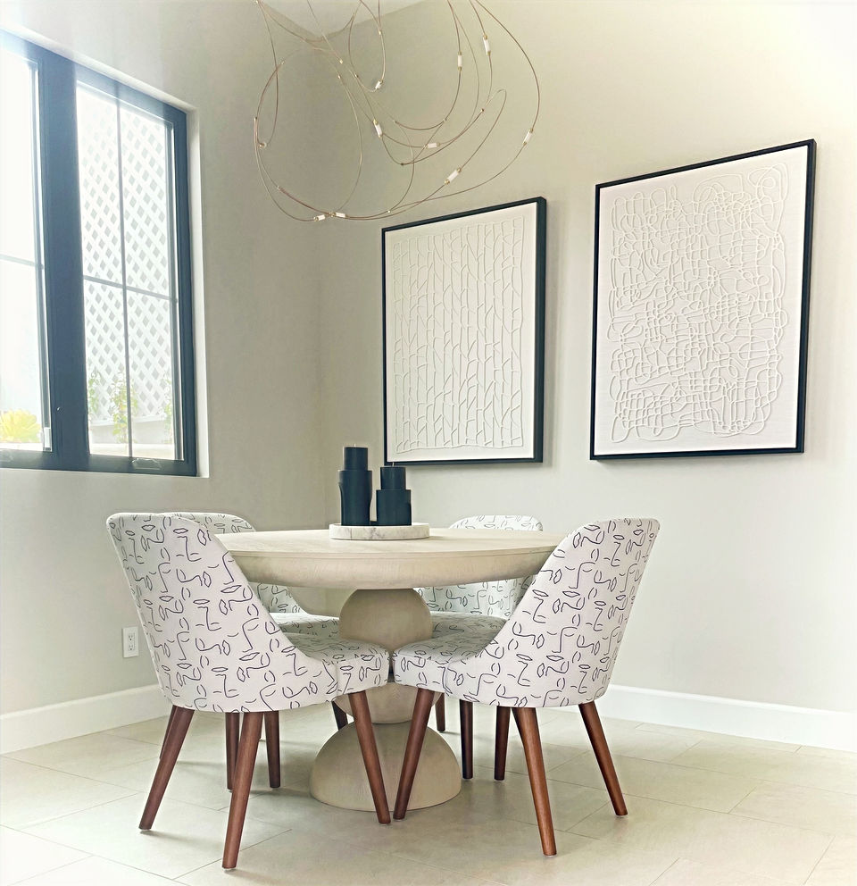 kitchen with west elm chairs, anthropologie stone table 