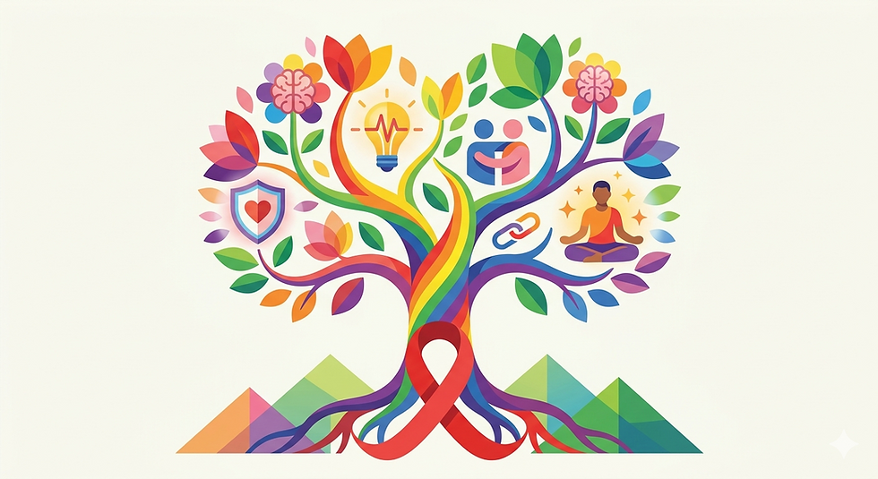 A clean graphic illustration of a vibrant tree with a heart-shaped canopy and a trunk woven with rainbow colors. At the base, the roots form a prominent red HIV awareness ribbon. Nestled within the colorful branches are various wellness icons, including brain-shaped flowers, a meditating person, a protective shield with a heart, a lightbulb with a pulse line, and an icon of two people embracing.