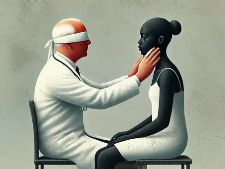 A surrealist digital illustration depicting a white doctor in a lab coat and stethoscope examining a Black female patient. The doctor is wearing a blindfold, symbolizing his inability to truly see or understand the patient. Despite his physical engagement, his lack of vision represents racial bias in healthcare.