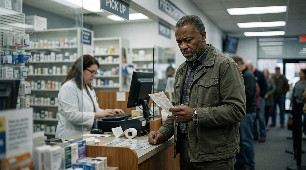 A middle-aged man stands at a pharmacy pickup counter holding a prescription receipt, looking down at it with a concerned expression. The pharmacy background is slightly out of focus, with pill bottles and a register window visible. The image has a muted, documentary-style tone with natural overhead lighting.