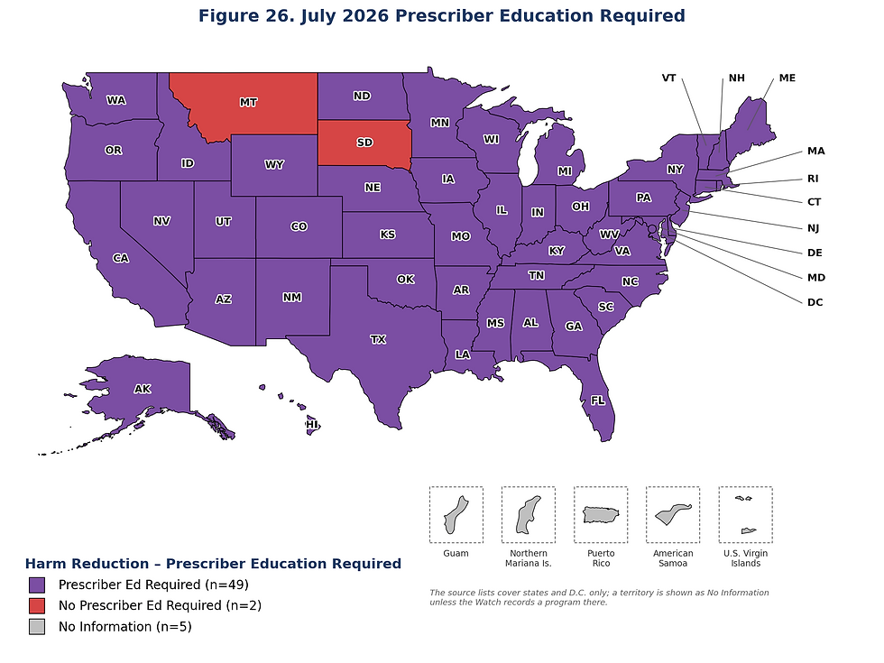 Figure 26. July 2026 Prescriber Education Required Coverage Map Key: Purple = Prescriber Ed Required; Red = No Prescriber Ed Required; Gray = No Information