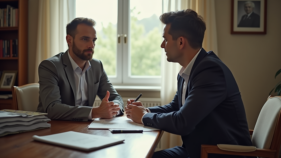 High angle view of a mobile notary meeting a client in a home office
