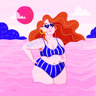 A woman in a bikini with tattoos stood in water. Red hair, pink water, striped bikini