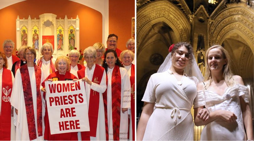 Women priests wearing white and red two women in white dresses