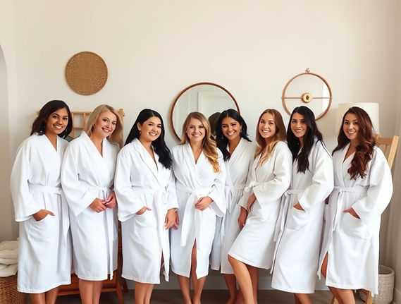at home pamper party of a group wearing white spa robes with minimal background clutter_ed