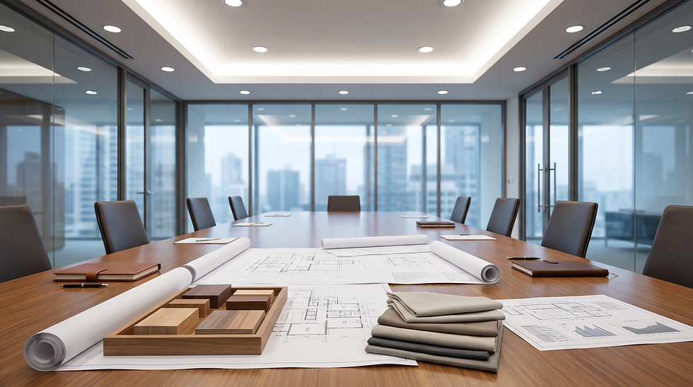 Technical furniture blueprints, wood finish samples, and specification sheets laid out on a commercial workspace table