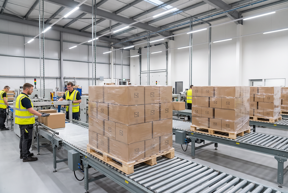 Zabezpieczone paczki meblowe typu flat-pack przygotowane do wysyłki w magazynie fabrycznym
