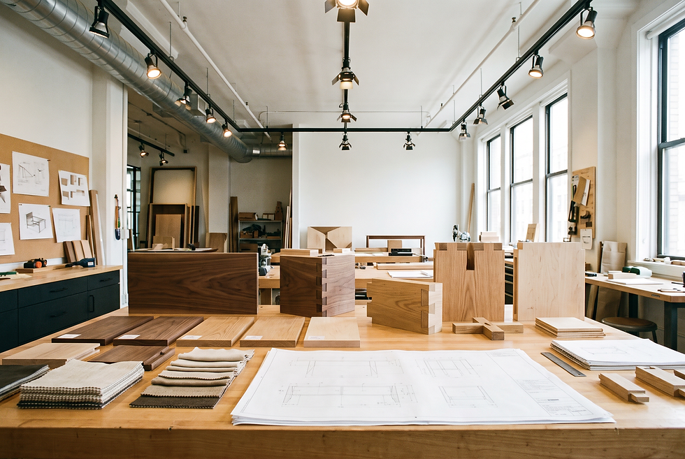 Furniture workshop workbench displaying timber joinery samples, upholstery textiles, and technical drawings