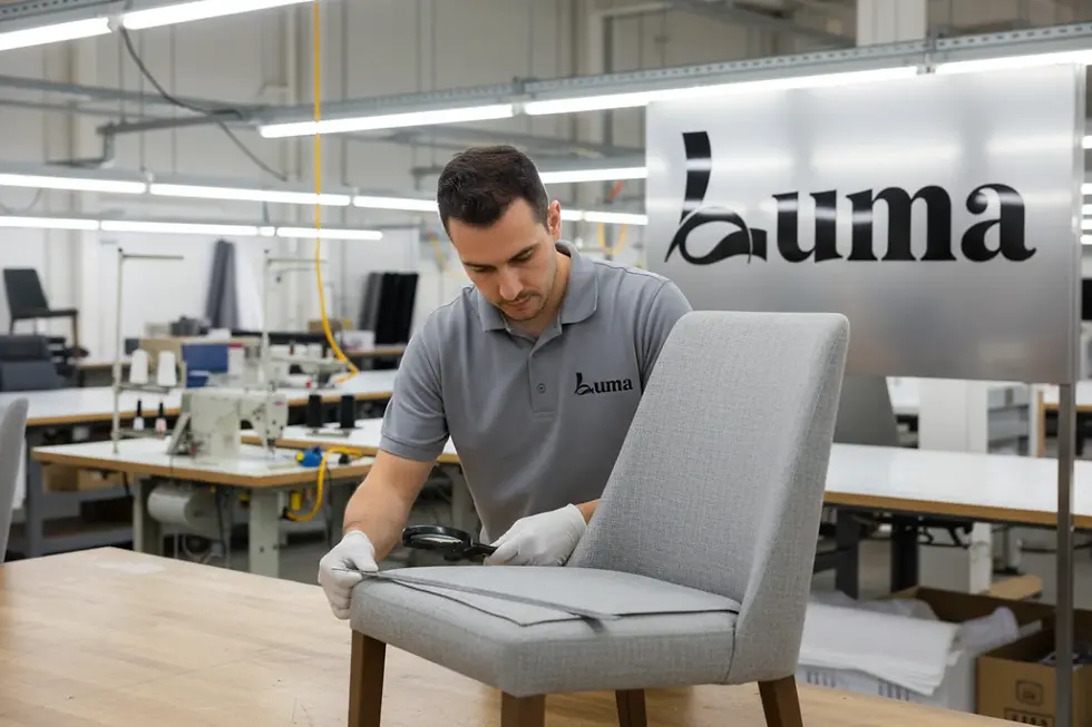 Técnico de calidad verificando una silla de comedor tapizada al por mayor en la fábrica de LUMA