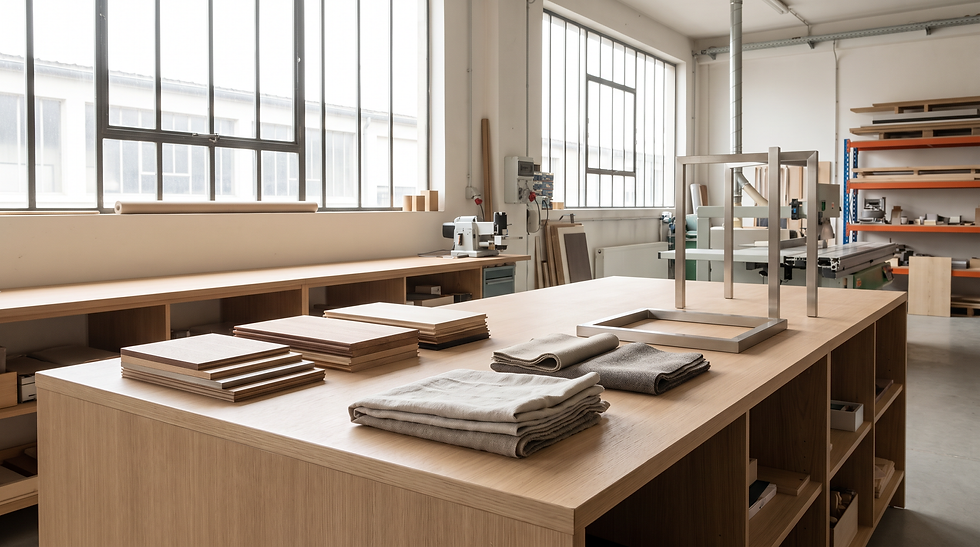Muestras de materiales, tejidos y componentes para personalización de muebles OEM.