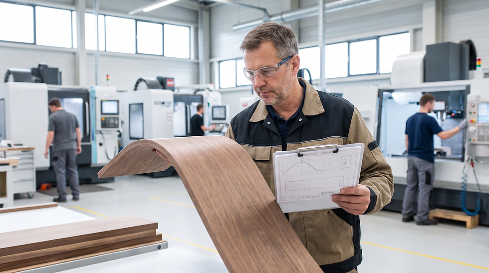 Inspector de calidad revisando componentes de muebles en una planta de fabricación industrial.