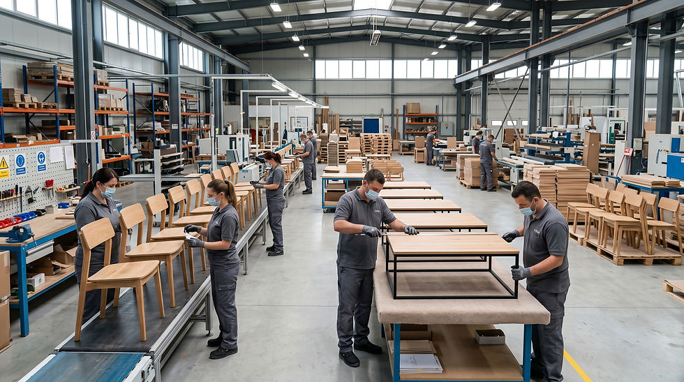 Imagen realista de una línea de producción de muebles OEM, con control de calidad, embalaje y preparación de pedidos para importadores españoles.