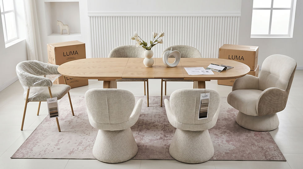 A realistic B2B showroom scene showing LUMA furniture selected for compact dimensions, stable structure and export-friendly packaging.