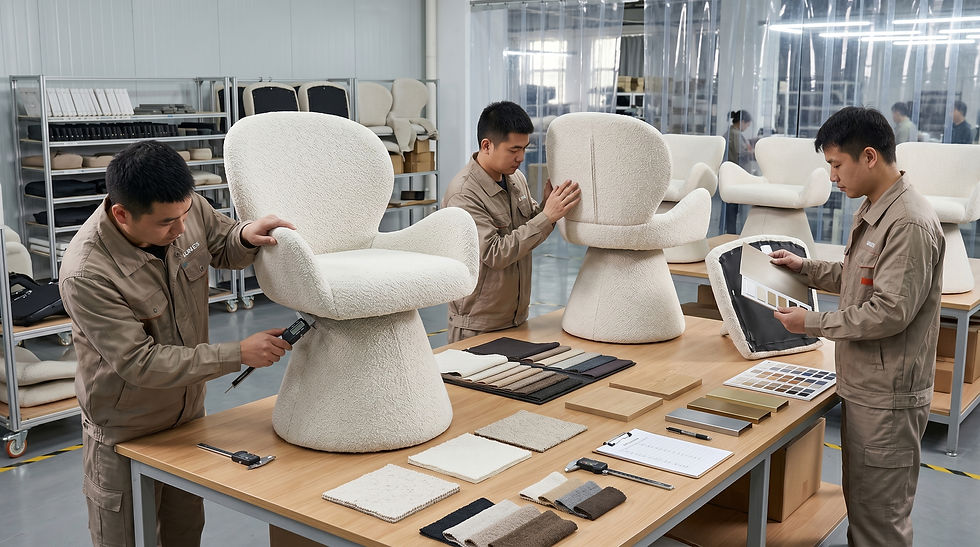 A realistic furniture factory quality control scene showing LUMA dining chair samples being inspected before bulk production for hotel and restaurant projects.